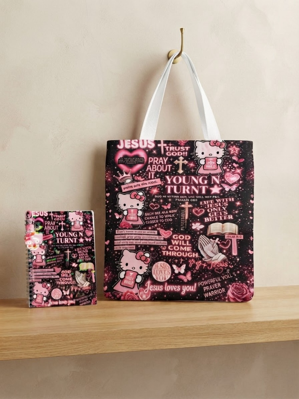 Hello Kitty Black and Pink Prayer Tote Bag , keychain & notebook
